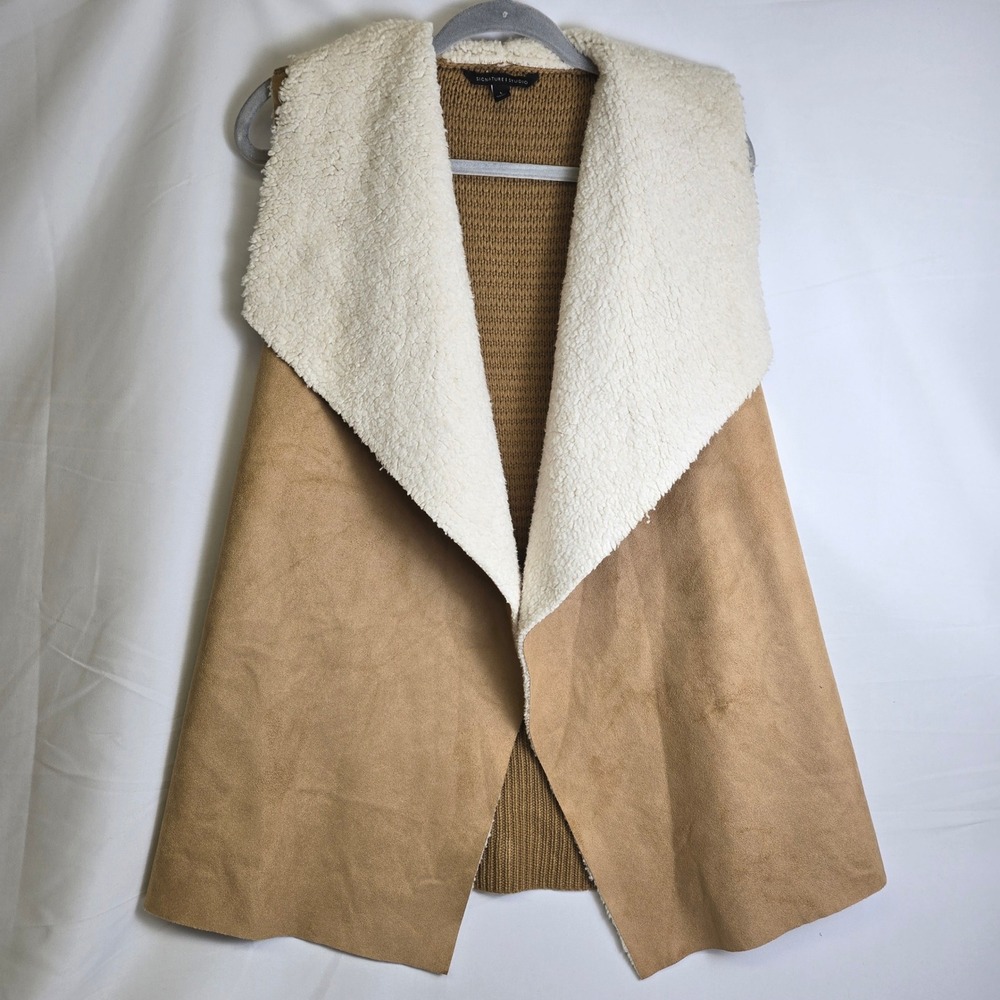 Signature Studio Faux Suede Sherpa Lined Vest Knit Back Open Front Tan Large